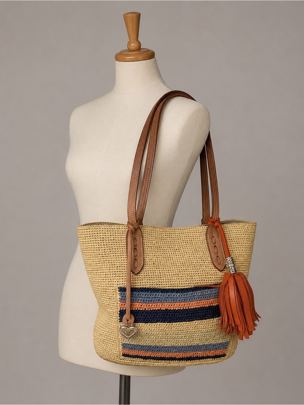 BRIGHTON Rafia Straw & Leather FERRARA DINA Tassel TOTE Coral & Blues Beach Vibe